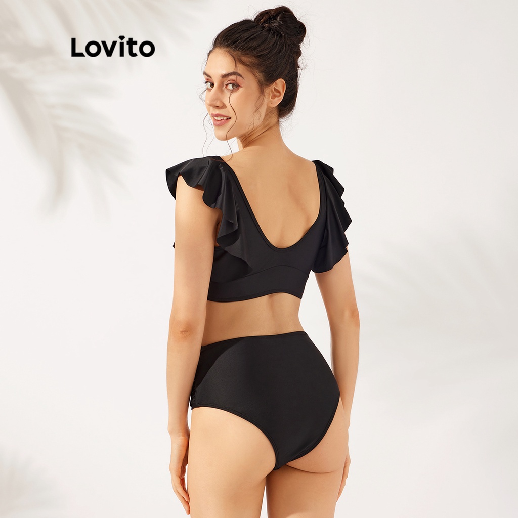 Set bikini Lovito cơ bản viền nhún bèo cổ chữ V với miếng đệm có thể tháo rời L23AD056 (màu đen)