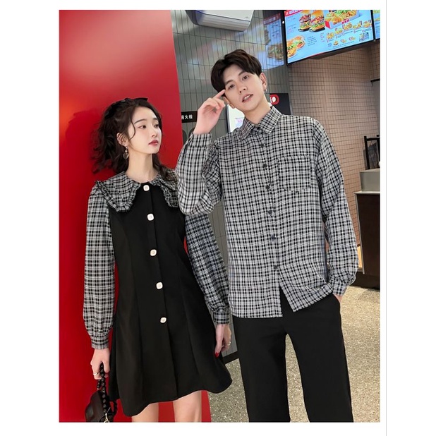 New oder. Set đồ đôi tình nhân, váy đầm cổ sen áo sơ mi kẻ caro nam.