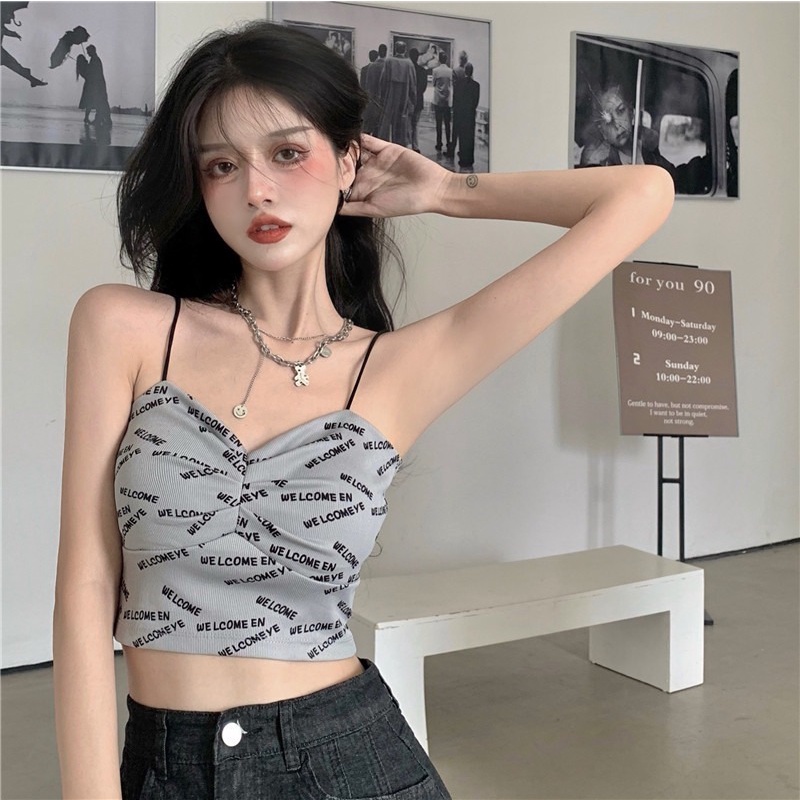 Áo hai dây ZHELIHANGFEI họa tiết chữ in thời trang dành cho nữ