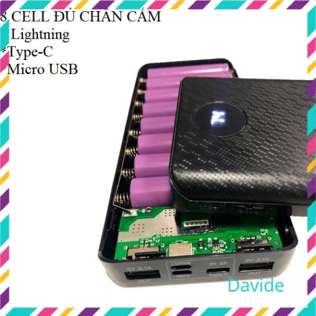 Box sạc dự phòng 8 cell 3 đầu vào Lightning\Type C\Microusb, mạch sạc pin 18650, pin dự phòng