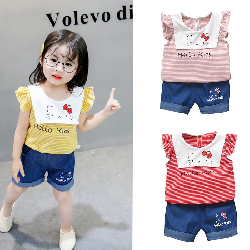 Bộ Áo Thun Họa Tiết Động Vật Phối Kẻ Sọc Phối Quần Short Jean Dễ Thương Cho Bé Gái Từ 0 - 4 Tuổi