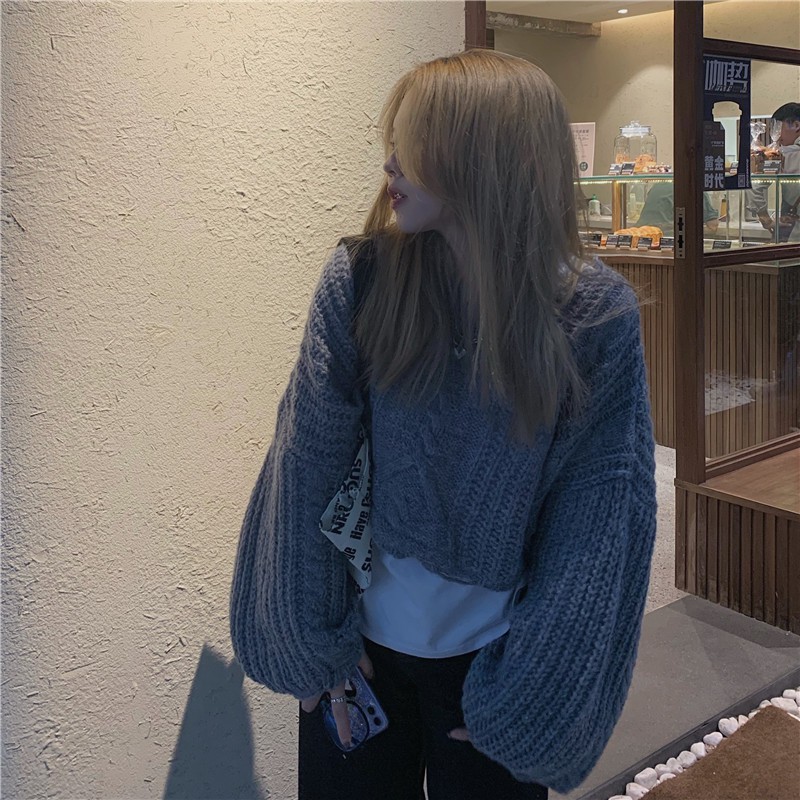 Áo len croptop form ngắn tay dài màu xám ulzzang