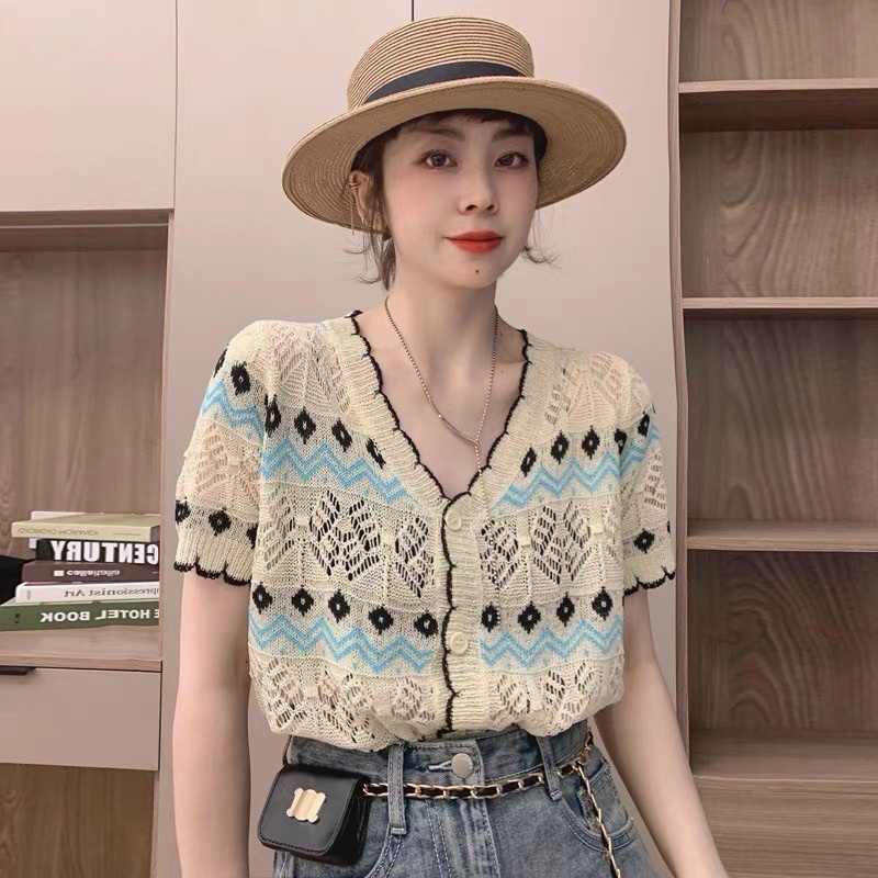 Áo len cadigan mỏng ngắn tay hoạ tiết hoa, Khoác len cổ tim AL1463 - NhiNhi Shop