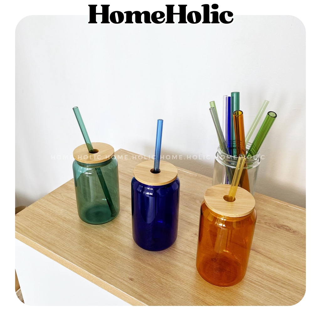Bình Thuỷ Tinh Có Nắp Gỗ Tre  Borosilicate  Dáng Lon Nước Glass Can Nhiều Màu 380ml - 400ml Home Holic