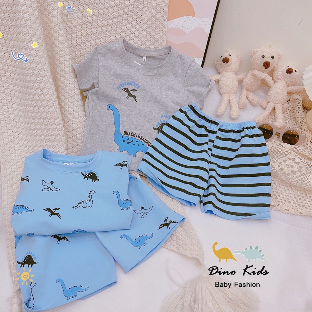 Bộ cộc tay bé trai, Bộ mùa hè bé trai in hình khủng long xanh dương chất cotton