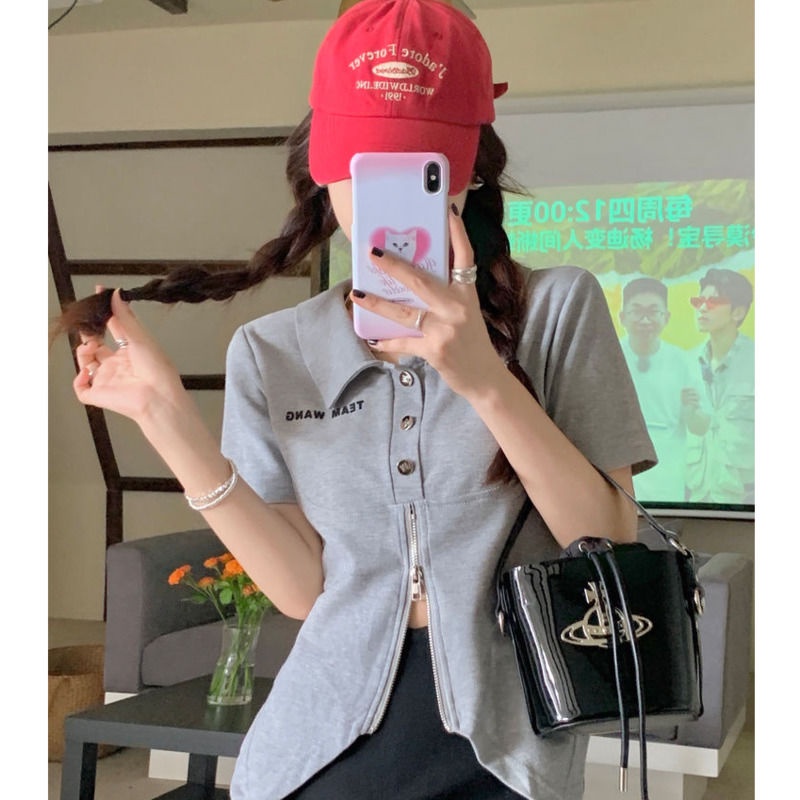 Áo Thun Tay Ngắn Thiết Kế Khóa Kéo Màu Trơn Thiết Kế Mới Thoáng Khí Cho Nữ