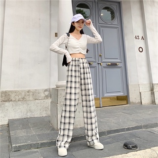 Quần kẻ caro nữ ống suông rộng