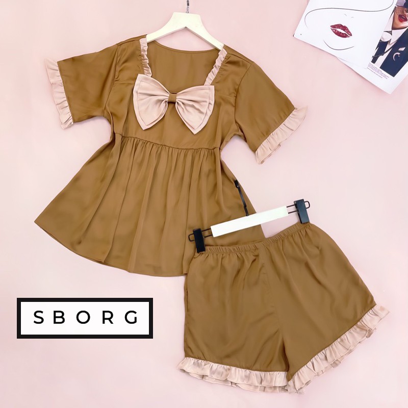 Đồ ngủ cute SBORG đồ bộ mặc nhà lụa latin áo babydoll đính nơ cute quần đùi viền bèo freesize dưới 60kg quà tặng vợ