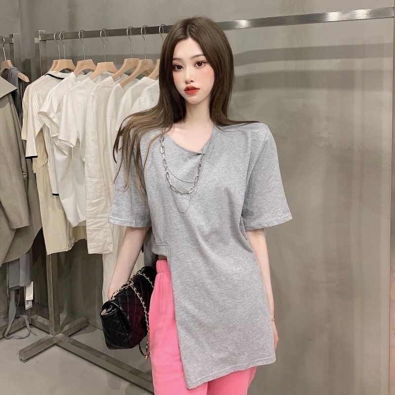 Áo Thun Tay Ngắn Dáng Rộng Màu Sắc Trơn Thiết Kế Xẻ Tà Độc Đáo