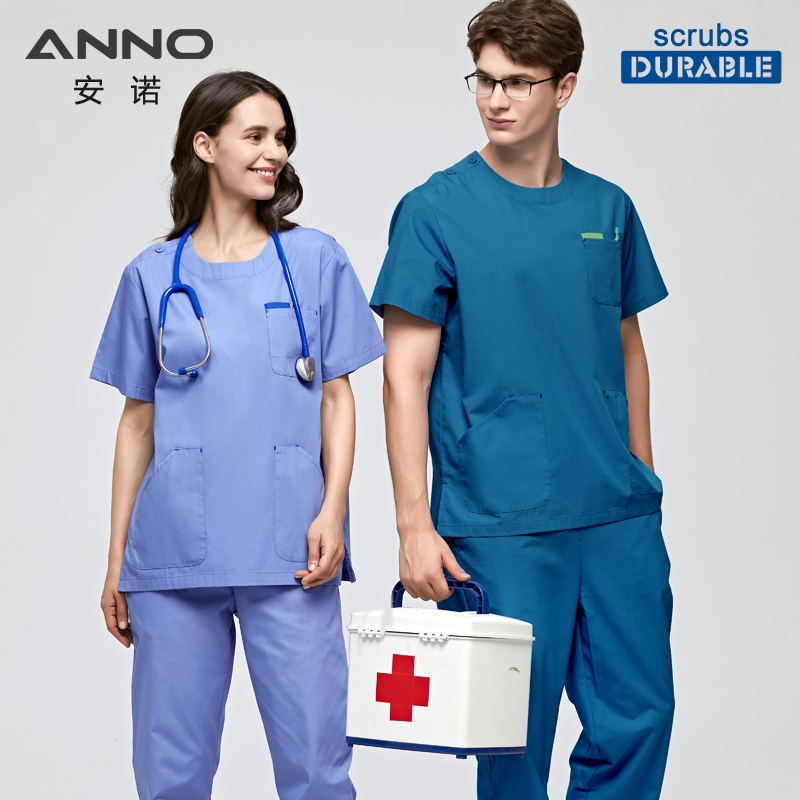 Y tá màu xanh Đồng phục y tế Phụ nữ Nam Tẩy tế bào chết Phù hợp Vòng cổ Nha khoa Bệnh viện Đặt công việc Mặc ngắn tay Thẩm mỹ viện Quần áo phẫu thuật