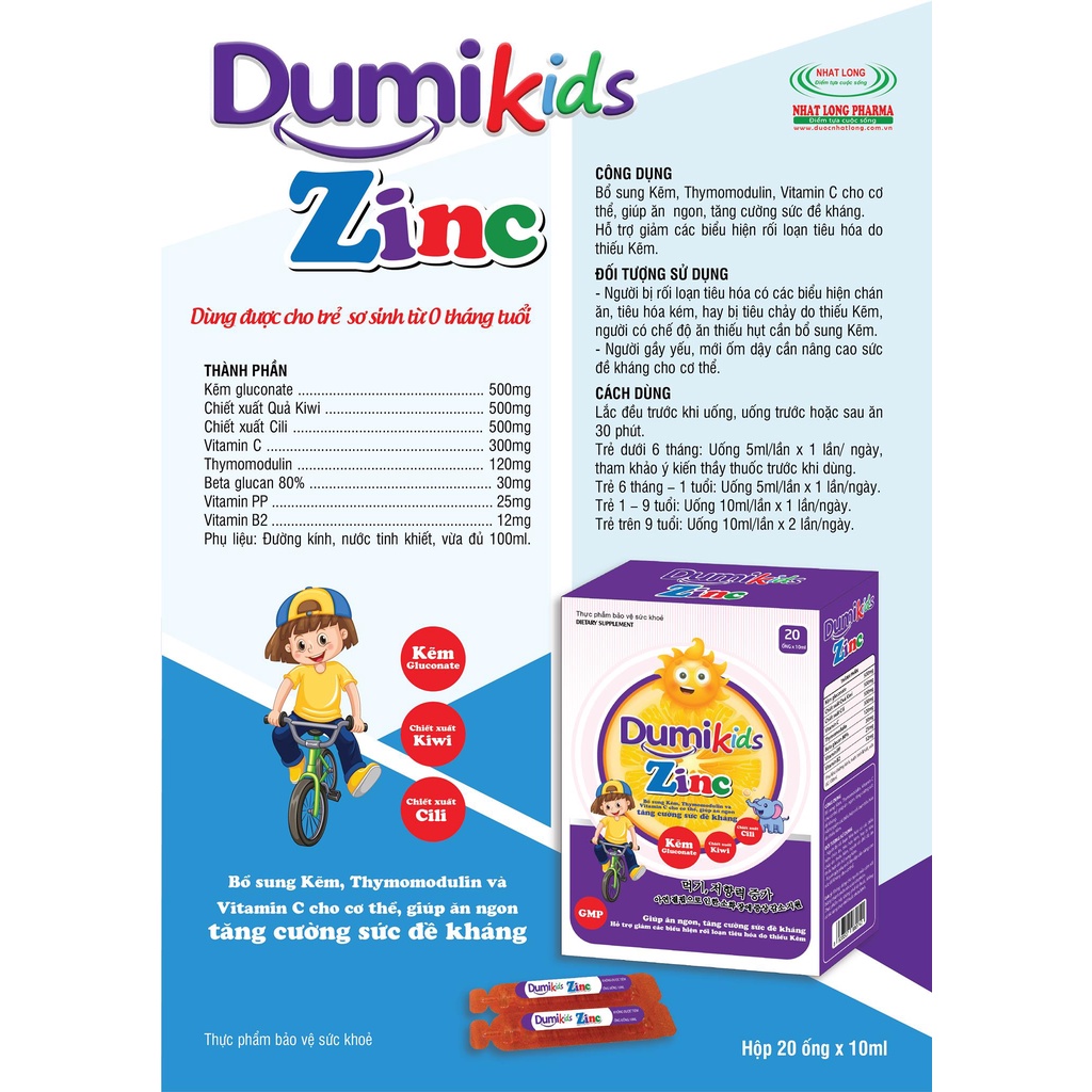DUMIKIDS ZINC giúp bổ sung Kẽm, Thymomodulin, Vitamin C cho cơ thể, giúp ăn ngon, tăng cường sức đề kháng