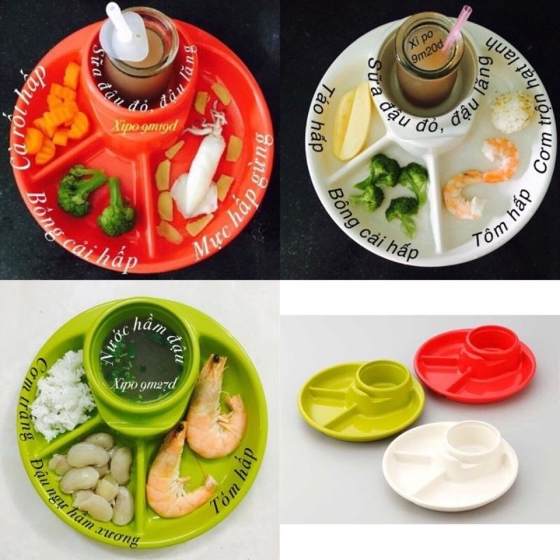 Khay ăn tròn 3 ngăn và 4 ngăn có chỗ để cốc cho bé