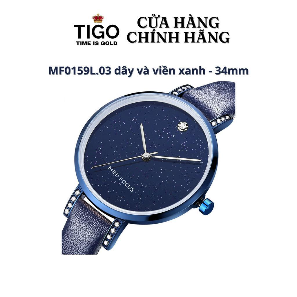 Đồng Hồ Nữ MINI FOCUS MF0159L.03 Dây Da Xanh Viền Xanh Thép Không Gỉ Cao Cấp Mặt Tròn Đường Kính 34mm Chống Nước