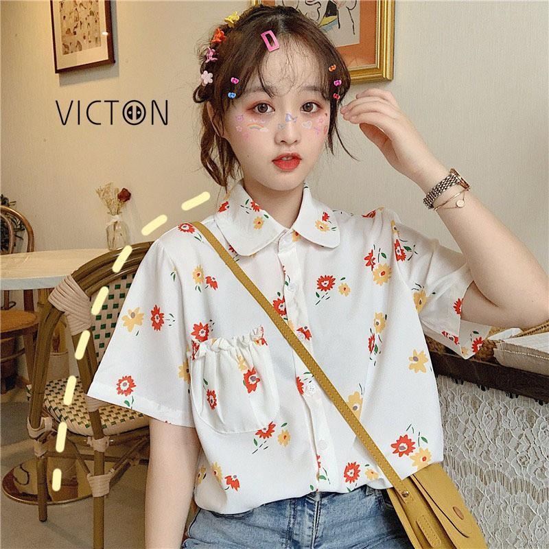 Áo Blouse nữ tay ngắn in hoa phong cách Victoria
