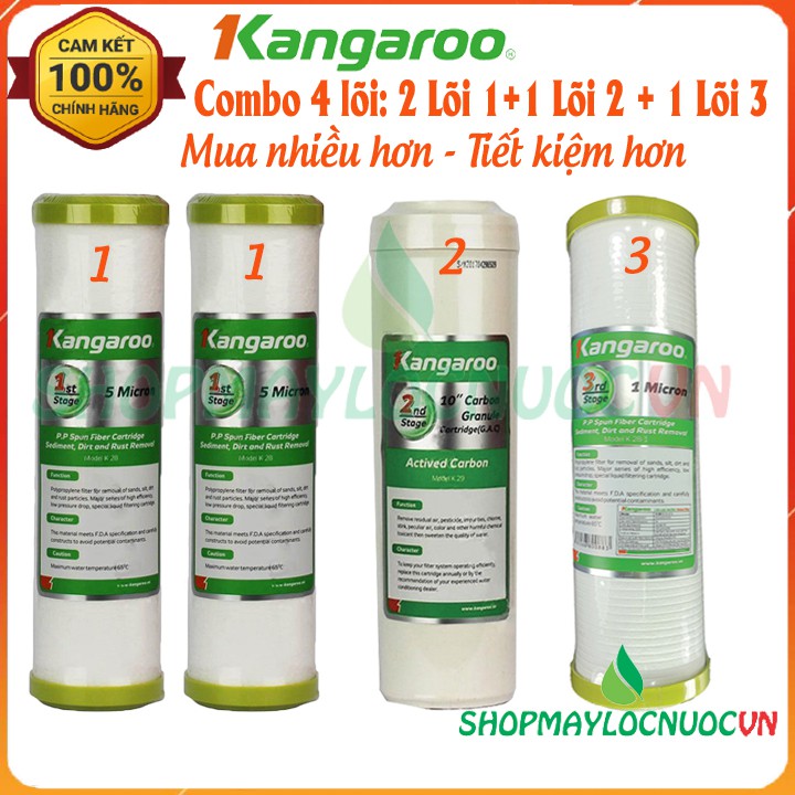 Bộ 04 Lõi Lọc Nước Kangaroo gồm:  2 Lõi số 1+ 1 Lõi số 2 + 1 Lõi số 3 – Mua nhiều hơn – Tiết kiệm hơn – Dùng cho 6 tháng