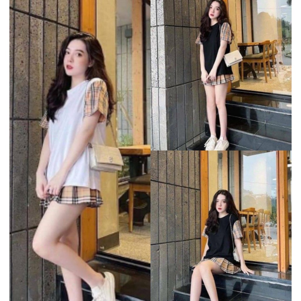 Bộ Chân Váy Áo Phông Phối Kẻ Sọc Set Áo Váy Ngắn Nữ 2 Màu X021