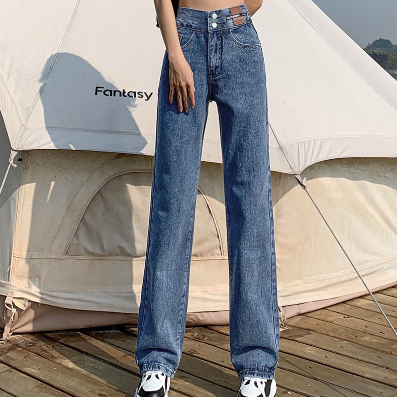 Quần Jeans Trơn Lưng Cao Ống Rộng Phong Cách Hàn Quốc Thời Trang Dành Cho Nữ Có Size Lớn