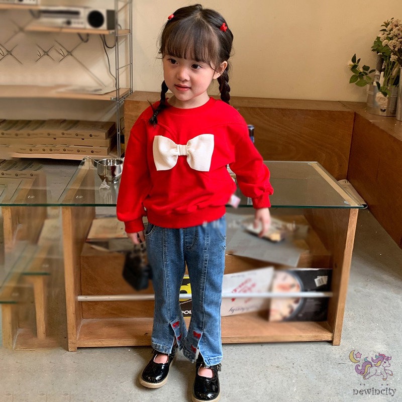 Quần Jean Ống Loe Co Giãn Thêu Họa Tiết Dễ Thương Phong Cách Hàn Quốc Cho Bé Gái