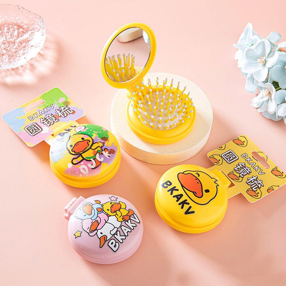 Lược Chải Tóc Dạng Gập Túi Khí Mềm Chất Lượng Cao Có Gương Hình Vịt Vàng Hoạt Hình Cho Nữ