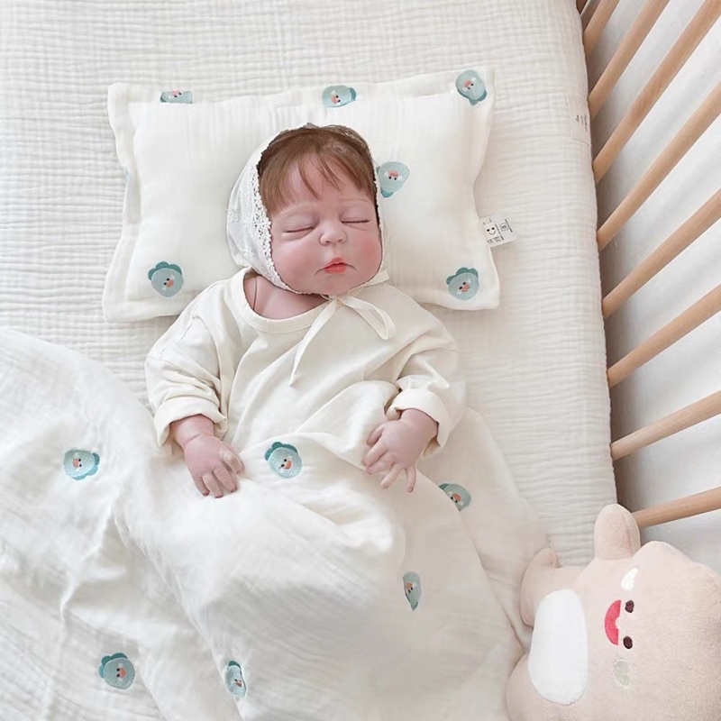 Gối Xô Chống Bẹp Đầu Organic KAMIMI Cao Cấp Thêu Gấu Style Hàn Quốc Cho Bé KT 39x25cm