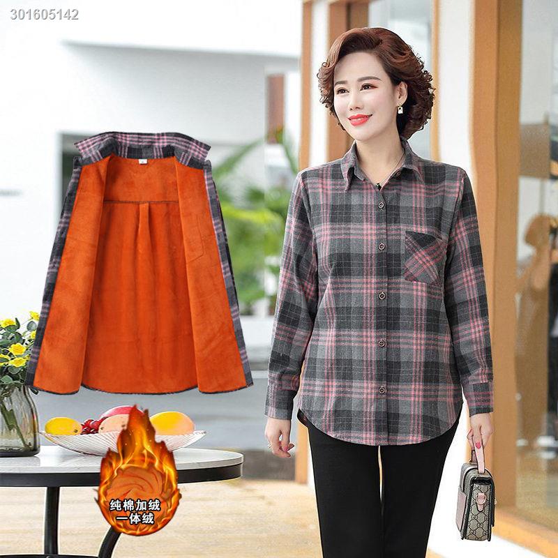 Single/Fleece Mother s Wear Large Size Pure Cotton Western-style Shirt Jacket Middle-aged and Elderly Women Plaid Shirt Top/Set