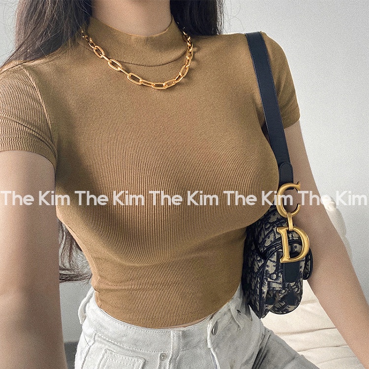 Áo thun tăm trơn ngắn tay cổ cao , cổ tròn , áo croptop basic tay ngắn ôm sát body The Kim A124