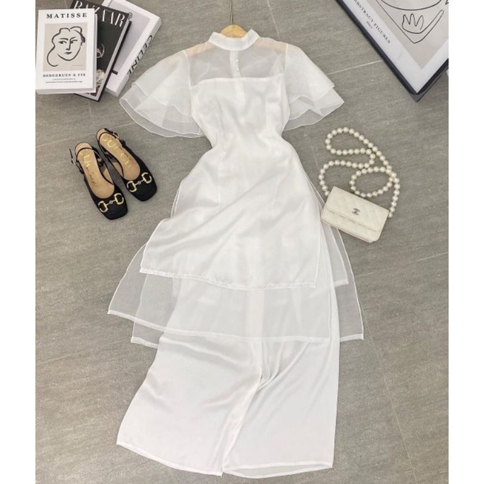 Áo dài cách tân trắng kèm chân váy xòe ullzang kèm ảnh thật