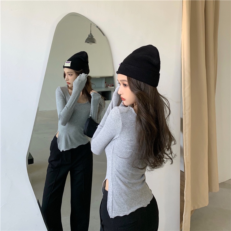 QKOOLE  Áo thun tay dài cổ tròn phong cách Hàn Quốc quyến rũ cho nữ chất lượng cao