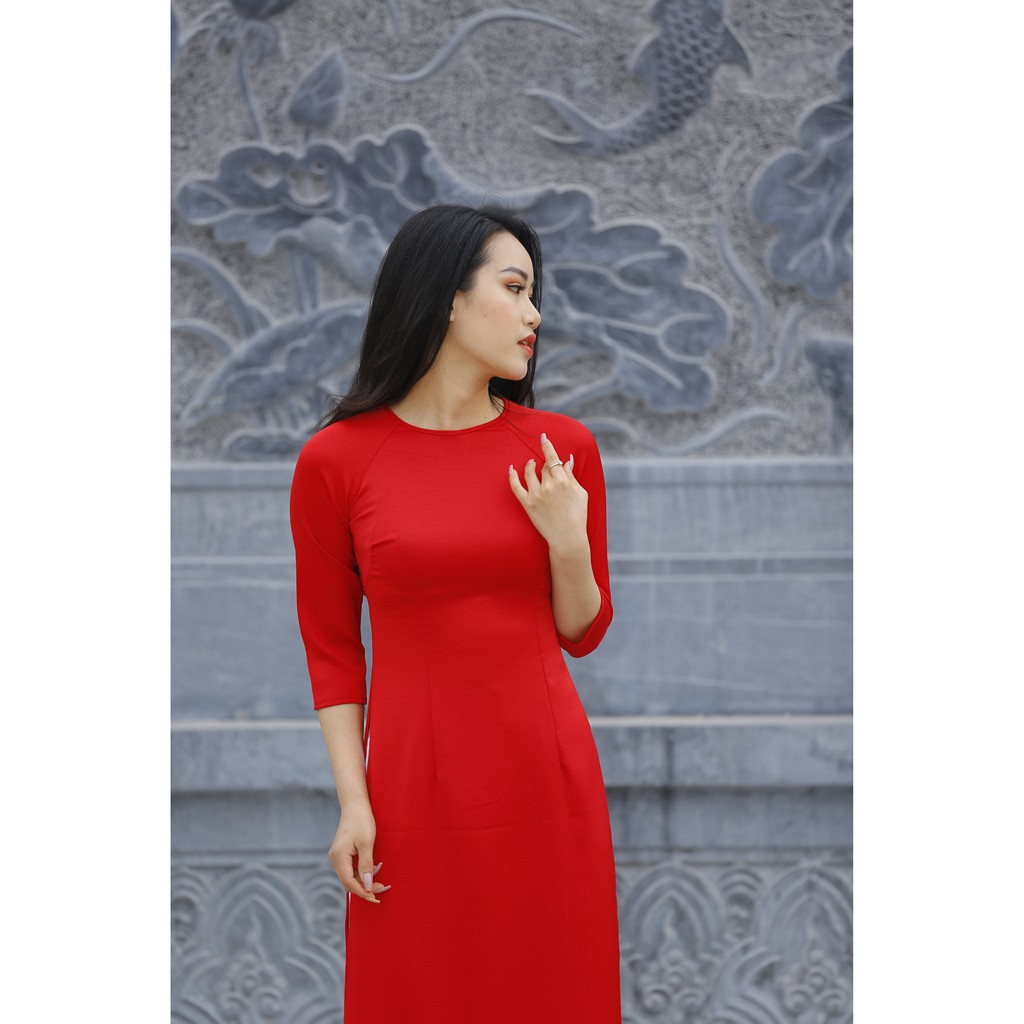 Bộ áo dài truyền thống chất liệu lụa Tây thi cao cấp - màu đỏ (áo cổ tròn tay lỡ)
