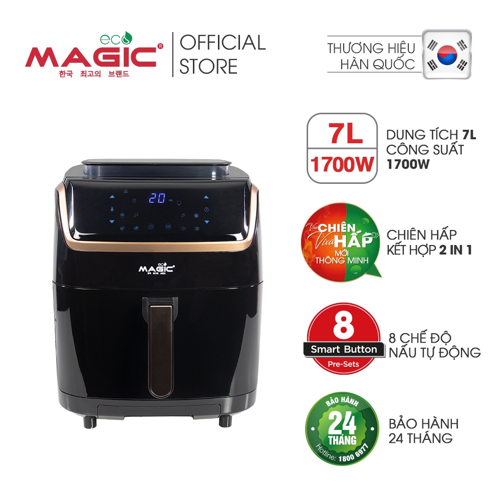 Nồi chiên không dầu kết hợp hấp Magic Eco S07 PRO 7L cho gia đình 8-10 người,8 món ăn cài đặt sẵn,giảm ồn,BH chính hãng