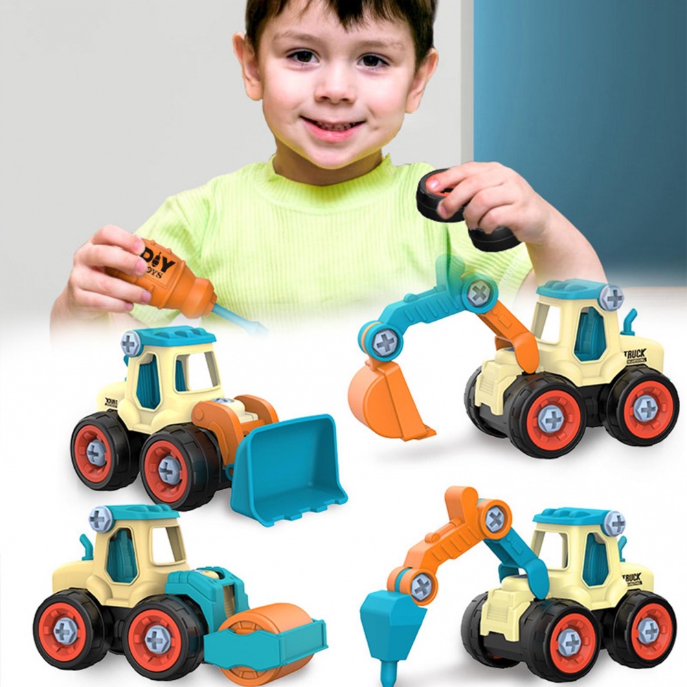 Bộ 4 mô hình xe cần cẩu đồ chơi màu xanh dương cho bé 3-5 tuổi
