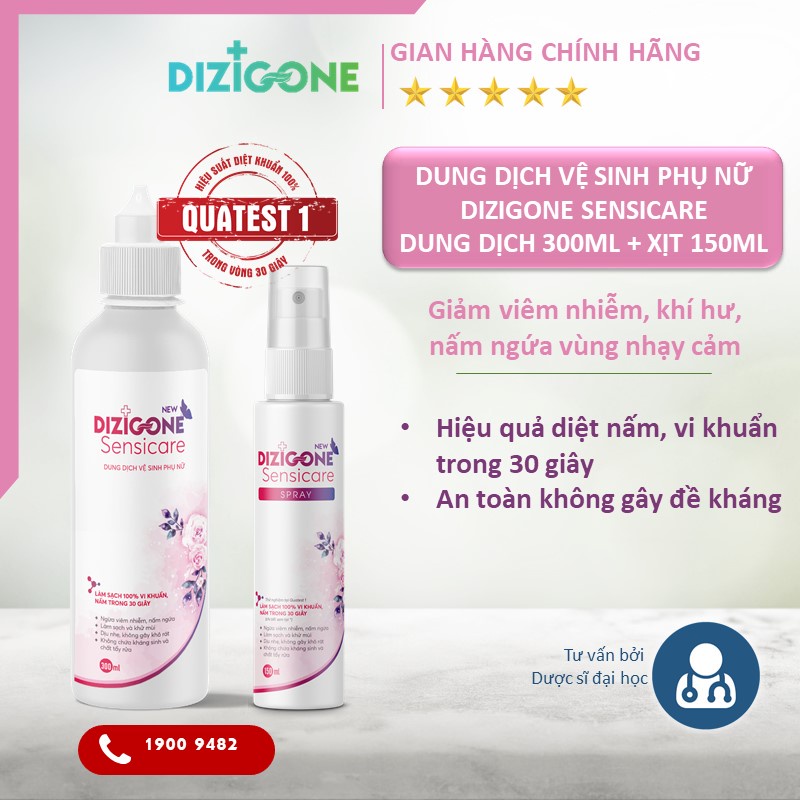 [COMBO] Dung Dịch Vệ Sinh Phụ Nữ Dizigone Sensicare - Dung Dịch 300ml + Xịt 150ml - Hết Ngứa, Giảm Khí Hư, Khử Mùi Hôi