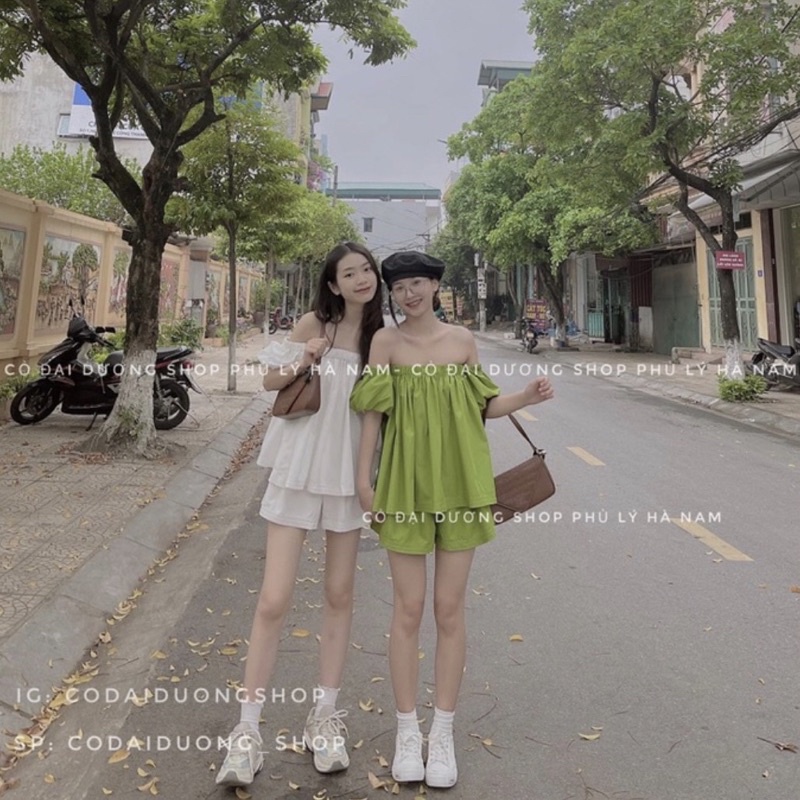 Set bộ trễ vai áo bệt vai hở lưng mix quần sooc chất thô mềm