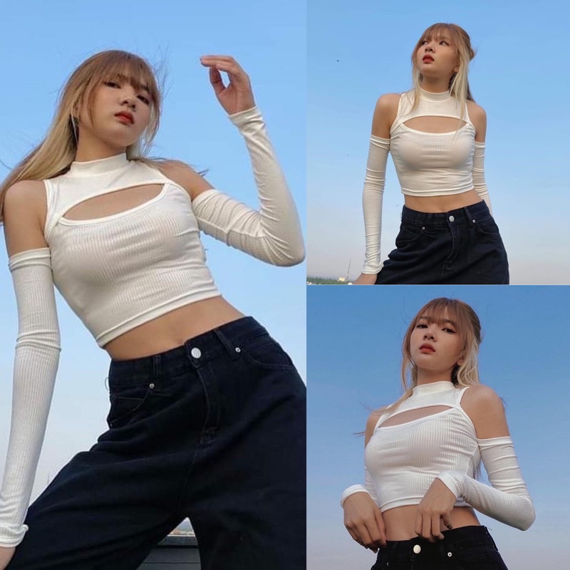 Áo Croptop Khoét Vai Tay Dài  Thun Gân Xịn