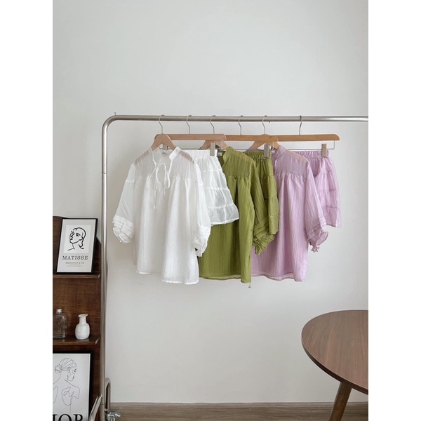 Set áo tơ babydoll &amp; chân váy xếp tầng cạp chun