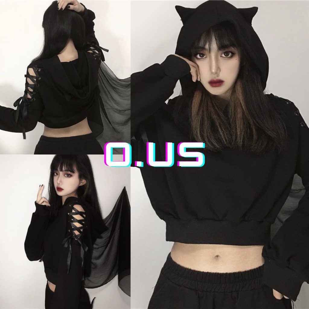Áo nỉ hoodie ngắn tai mèo đan dây hở vai sexy cá tính croptop phong cách Nhật