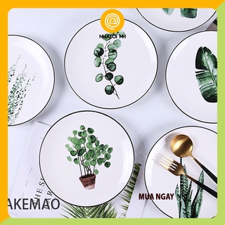Đĩa lá cây 20cm đựng đồ ăn siêu xinh, đĩa sứ tròn trắng họa tiết cây lá nhiệt đới – Dùng cho bàn ăn và decor