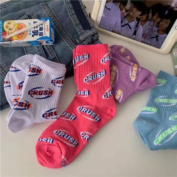Vớ Thể Thao Cổ Cao Màu Dạ Quang In Chữ Phong Cách Nhật Hàn Thời Trang Xuân Hè