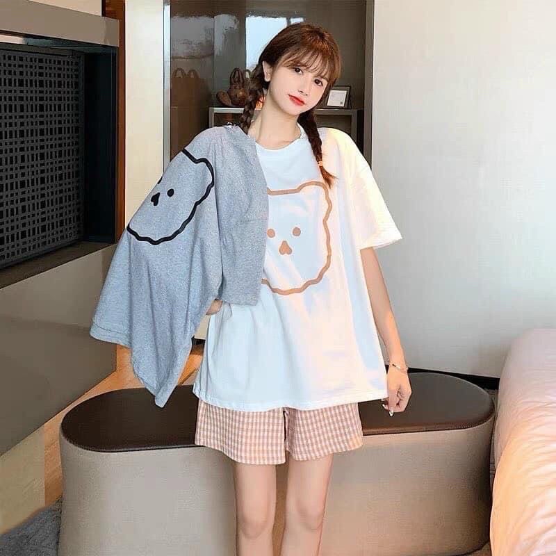 Set bộ ,Áo thun nữ giá rẻ form rộng,tay ngắn in hình gấu tặng quần kẻ caro Nhungkudo