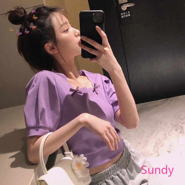 Áo Kiểu Cổ Vuông Tay Phồng Đính Nơ Xinh Xắn Cho Bé Gái