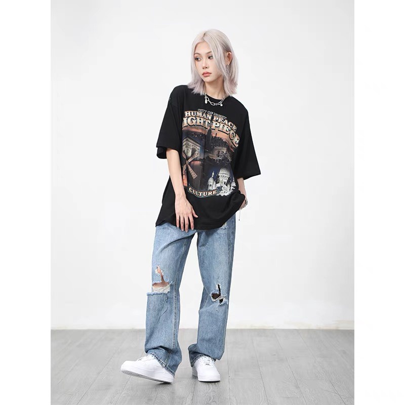 Áo Thun Tay Lỡ 100% Cotton 2 Chiều Dáng Rộng Unisex, Áo Phông Nam Nữ Oversize Hình In HUMAN PEACE