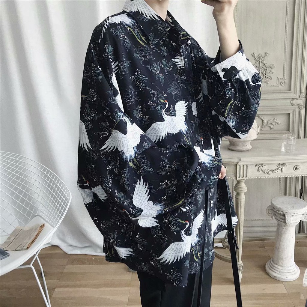 Áo sơ mi tay dài họa tiết chim sếu thời trang phong cách dành cho nam | BigBuy360 - bigbuy360.vn