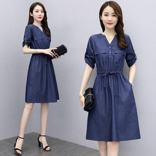 ĐẦM JEAN XOÈ EO RÚT CỔ V