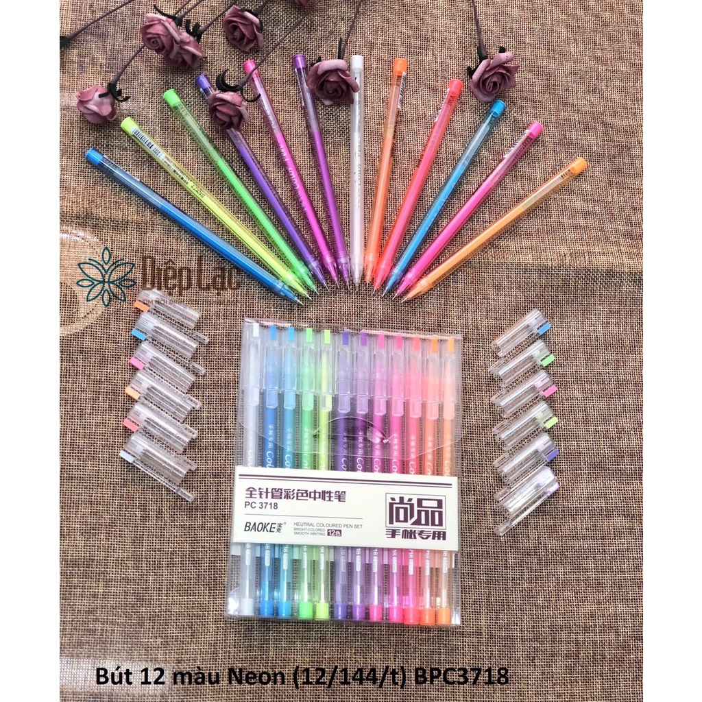 Bộ bút gel 12 màu nhũ neon đầu kim - màu sắc tươi sáng, đều mực dùng trang trí Baoke - sỉ/lẻ vpp Diệp Lạc