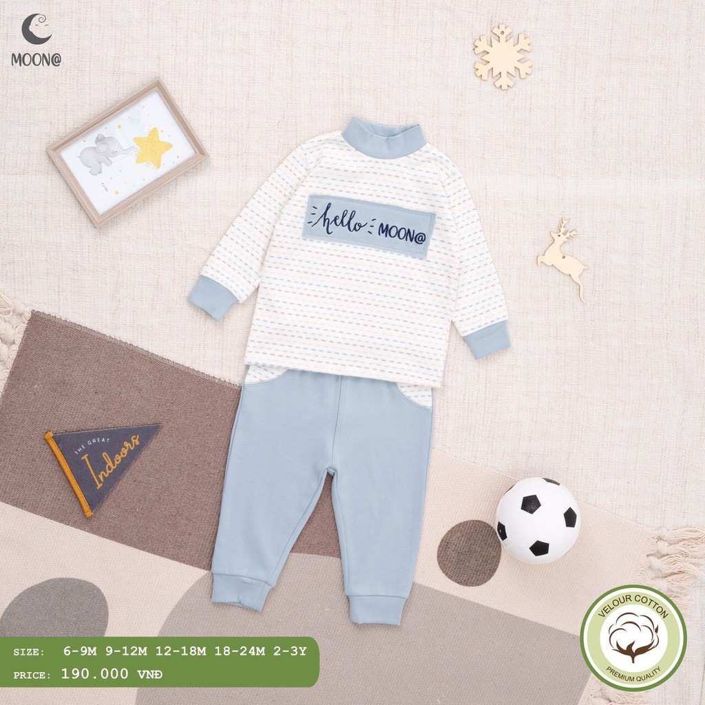 [CHÍNH HÃNG] Bộ nỉ cổ 3cm phối kẻ chấm gạch Hello Moon