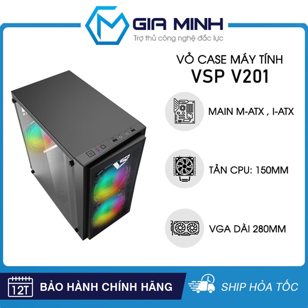 Vỏ Case Máy Tính VSP V201 - Văn Phòng Size M-ATX - Nắp Hông Mica Trong Suốt - Mặt Trước Nhựa Lưới - Hàng Chính Hãng