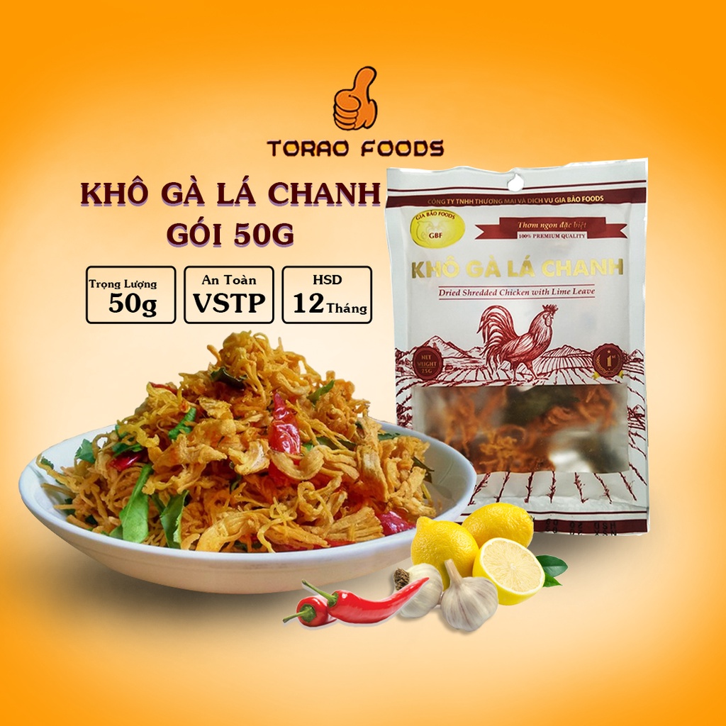 Khô gà lá chanh loại 1 gói 50g, gà khô lá chanh đồ ăn vặt Torao Food