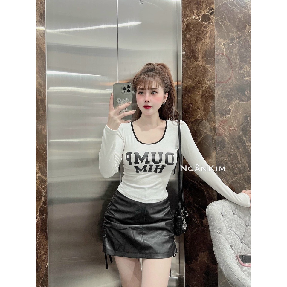 Áo kiểu nữ tay dài cổ tròn phối viền màu in chữ hot