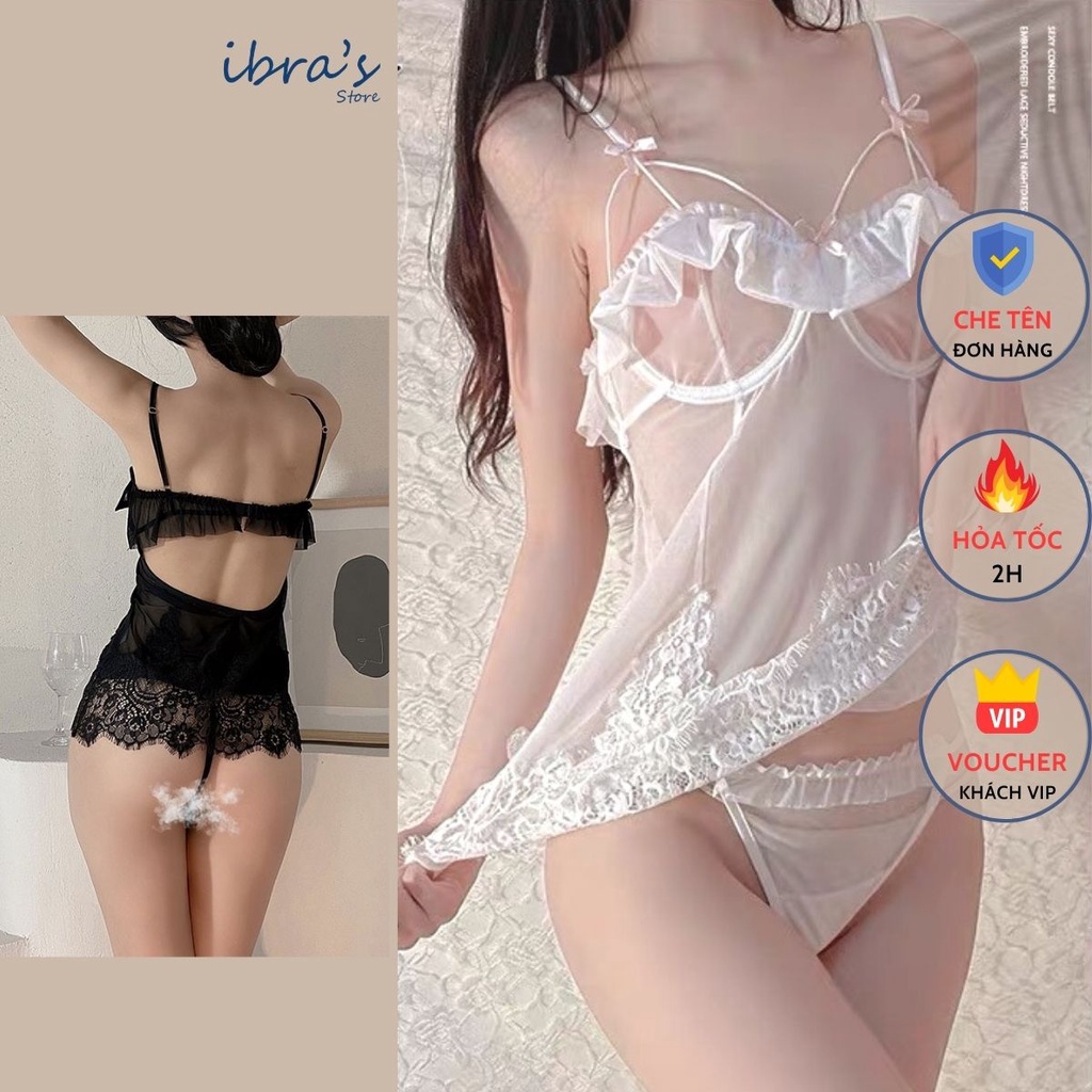 Váy Ngủ Sexy Gợi Cảm Xuyên Thấu iBRA'S STORE Đồ Ngủ Sexy Nữ Ren Lưới Mỏng Quyến Rũ Nóng Bỏng Kèm Quần Lót Lọt Khe V4
