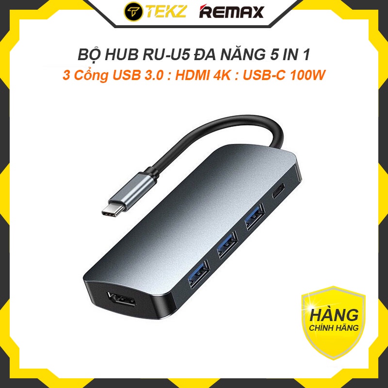 Bộ Hub Chuyển Đổi 5 trong 1 REMAX RU-U5 Đa Năng Hỗ Trợ 3 Cổng USB 3.0, Cổng HDMI 4K, Cổng Sạc USB-C 100W, PD3.0